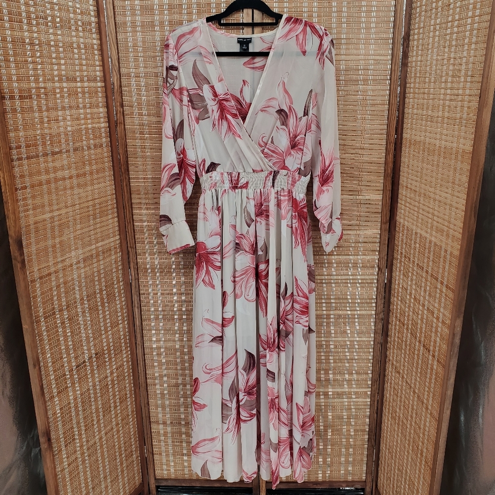 ◇ Kate & Lily Sheer Bodice Surplice Floral Maxi Dress Size 12 Cream Pink